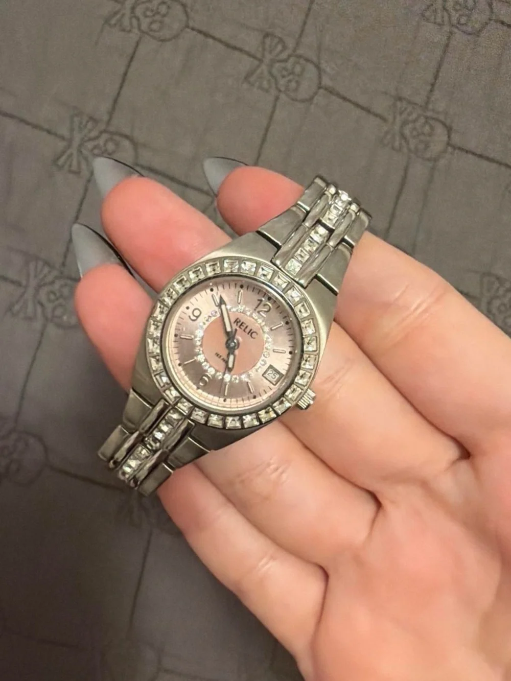 Relic Silver-Tone Bracelet Watch with Pink Dial and Crystal Accents